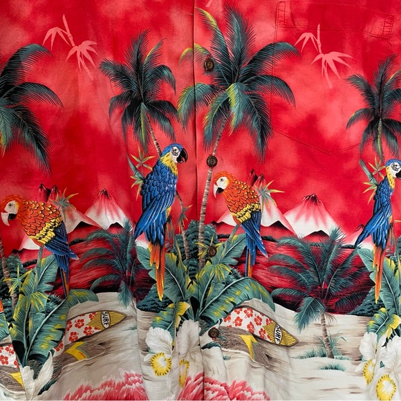 Vintage Ky’s Men’s Red Hawaiian Shirt Parrots Surfboards Buttondown - Picture 4 of 11